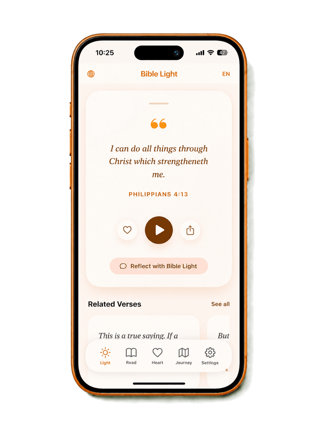 Bible Light app on iPhone showing Philippians 4:13 and daily Scripture reflection
